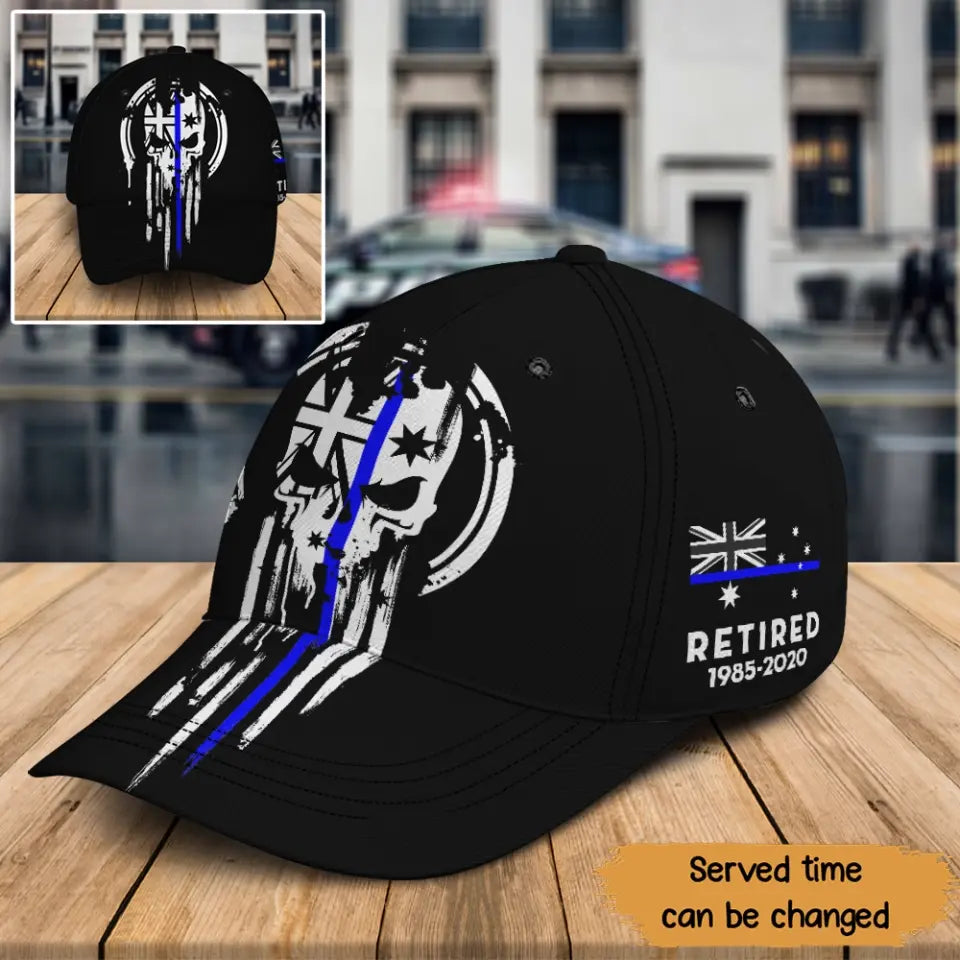 Personalized Australian Law Enforcement Thin Blue Line Skull Black Cap Printed QTKH24315