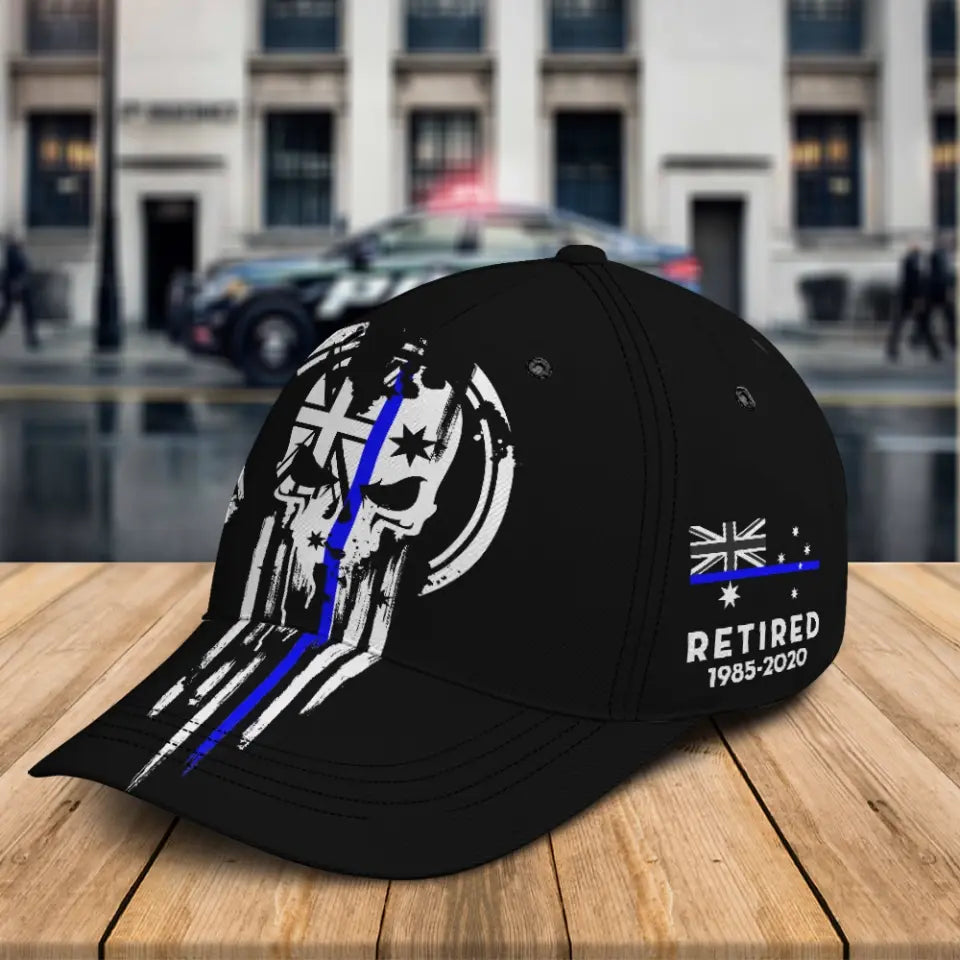 Personalized Australian Law Enforcement Thin Blue Line Skull Black Cap Printed QTKH24315