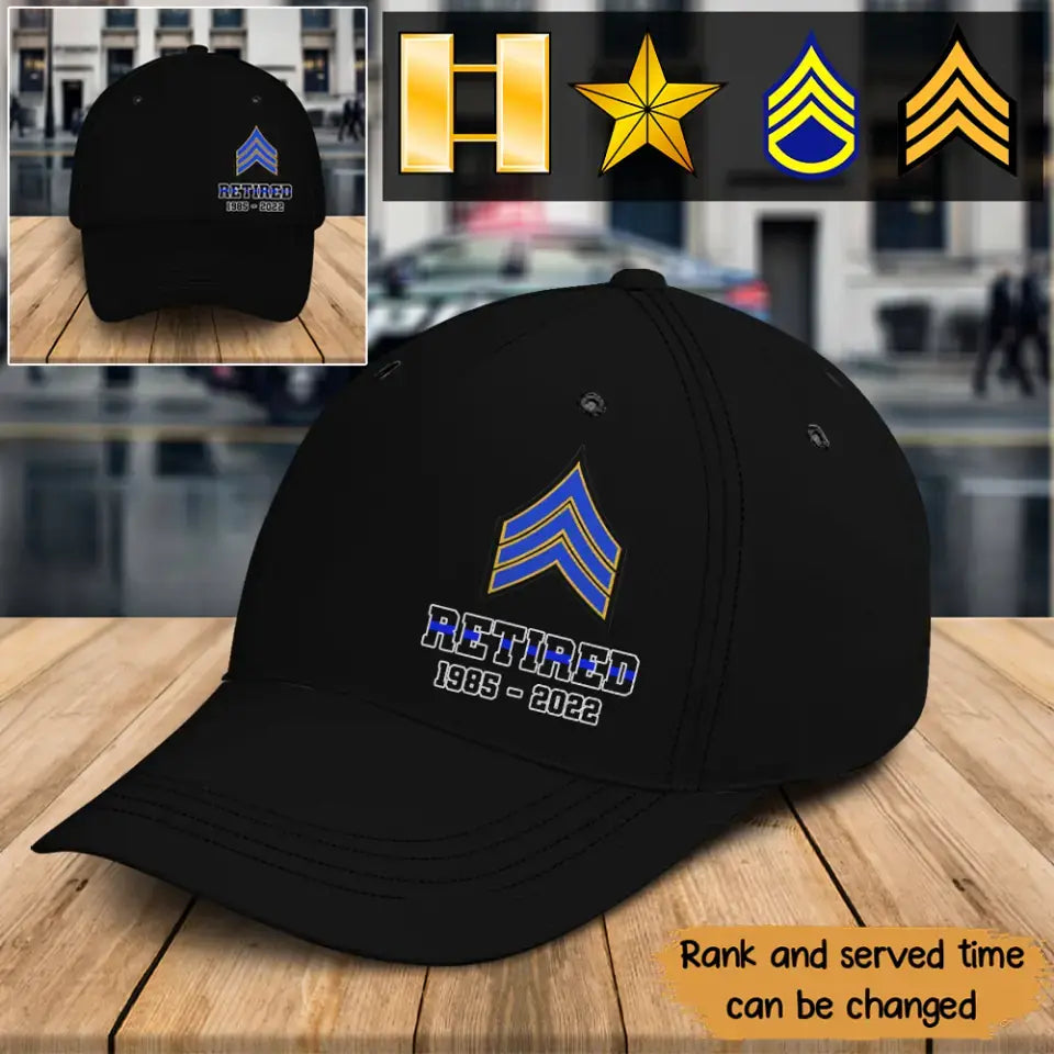 Personalized US Police Retired US State Rank Bluebline Black Cap Printed KVH24542