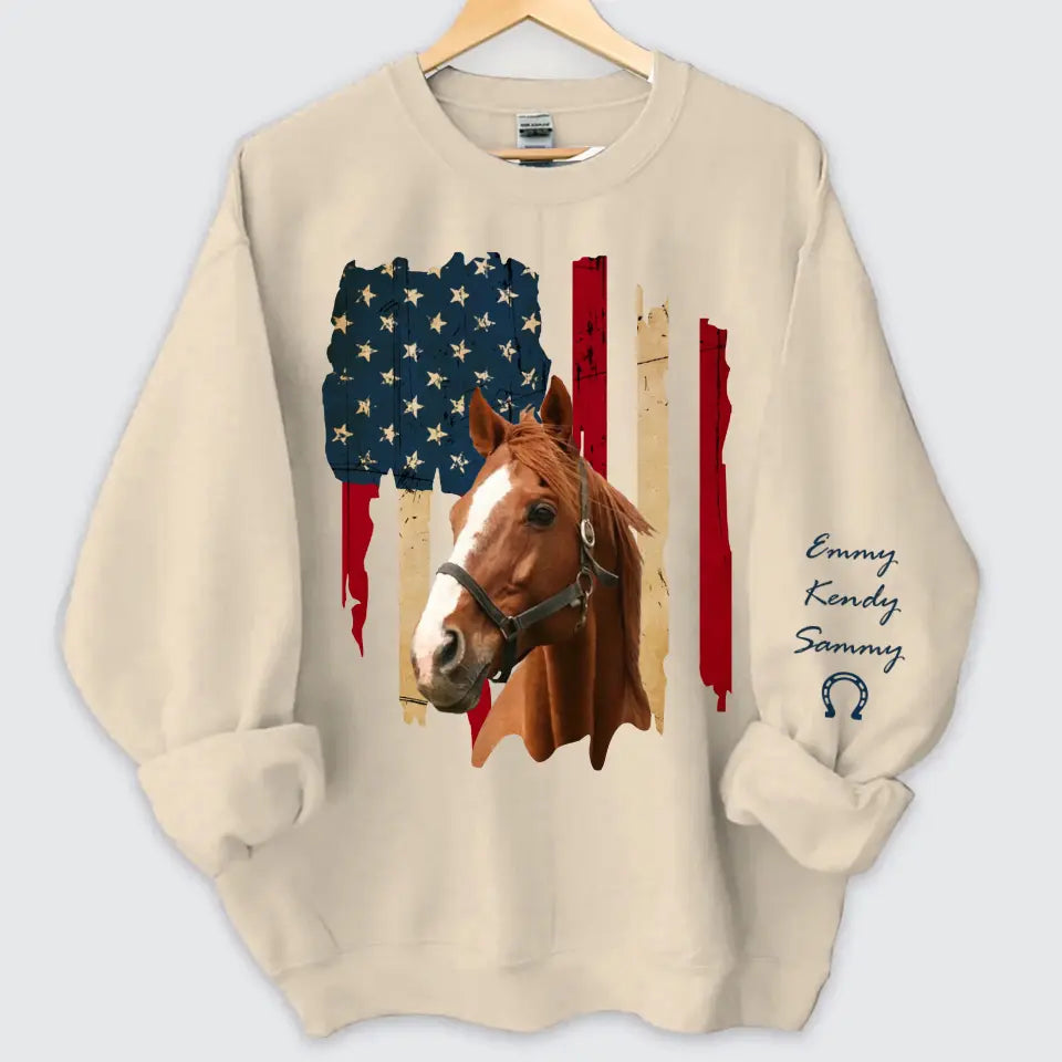 Personalized Upload Your Horse Photo US Flag Sweatshirt Printed HN24533