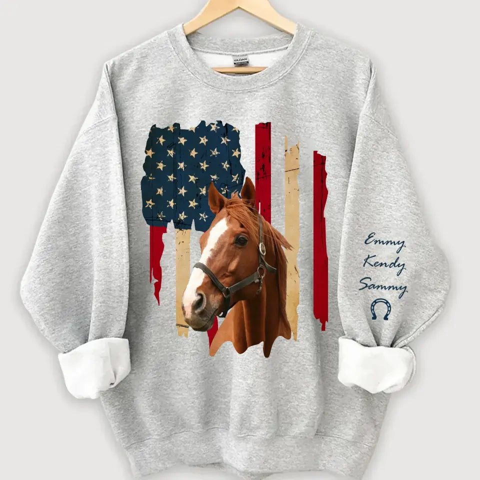 Personalized Upload Your Horse Photo US Flag Sweatshirt Printed HN24533