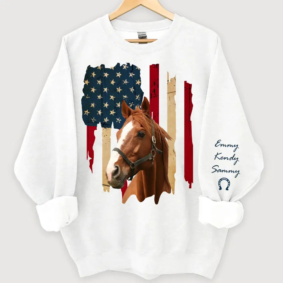 Personalized Upload Your Horse Photo US Flag Sweatshirt Printed HN24533