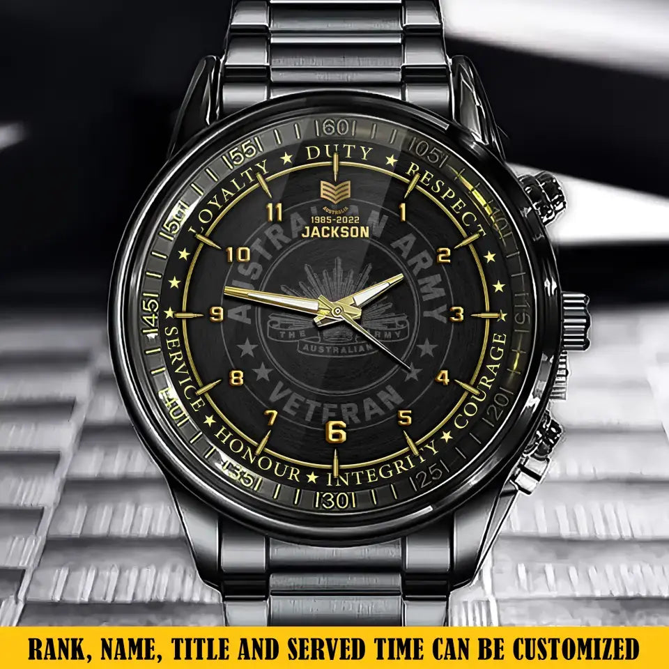 Personalized Loyalty Duty Respect Service Honor Integrity Courage Australian Veteran Rank Camo Custom Name Watch Printed AHKH24581