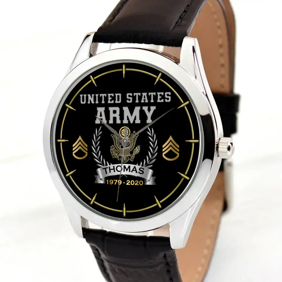 Personalized United States Army Logo Rank Camo Custom Name & Time Woman Watch Leather Band Printed AHKVH24587