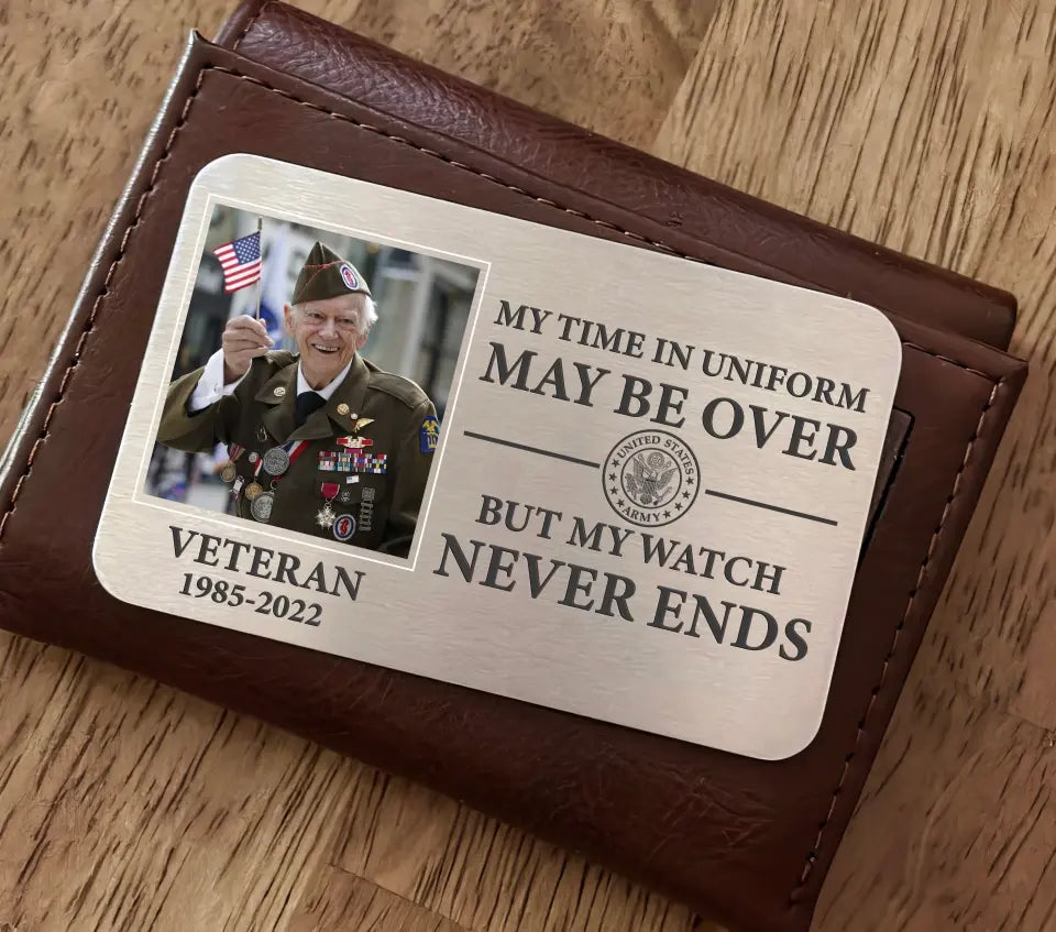 Personalized US Veteran Upload Your Photo My Time In Uniform May Be Over By My Watch Never Ends Aluminum Wallet Card Printed QTKH24602