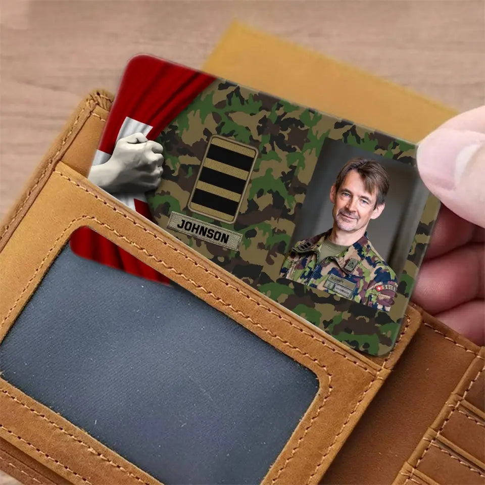 Personalized Upload Your Photo Swiss Veteran Rank Camo Custom Name Aluminum Wallet Card Printed VQ24610