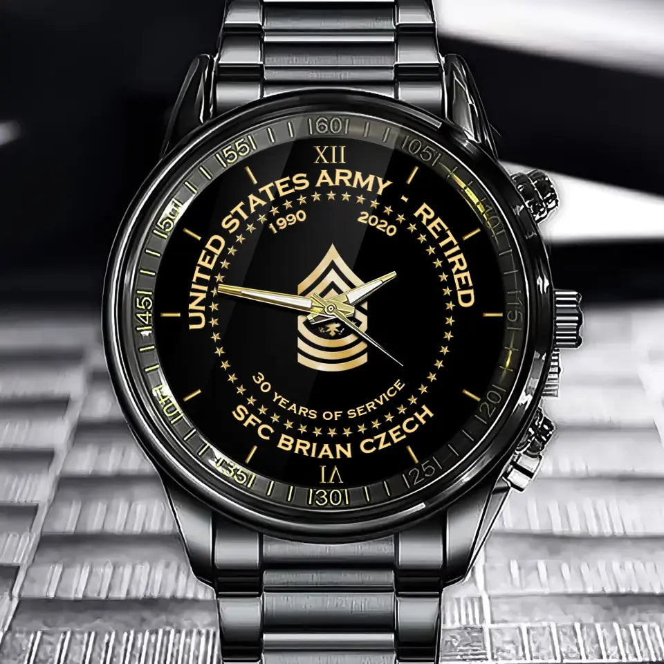 Personalized United States Army Retired Rank Camo Custom Name & Served Time Watch Printed AHVA24652