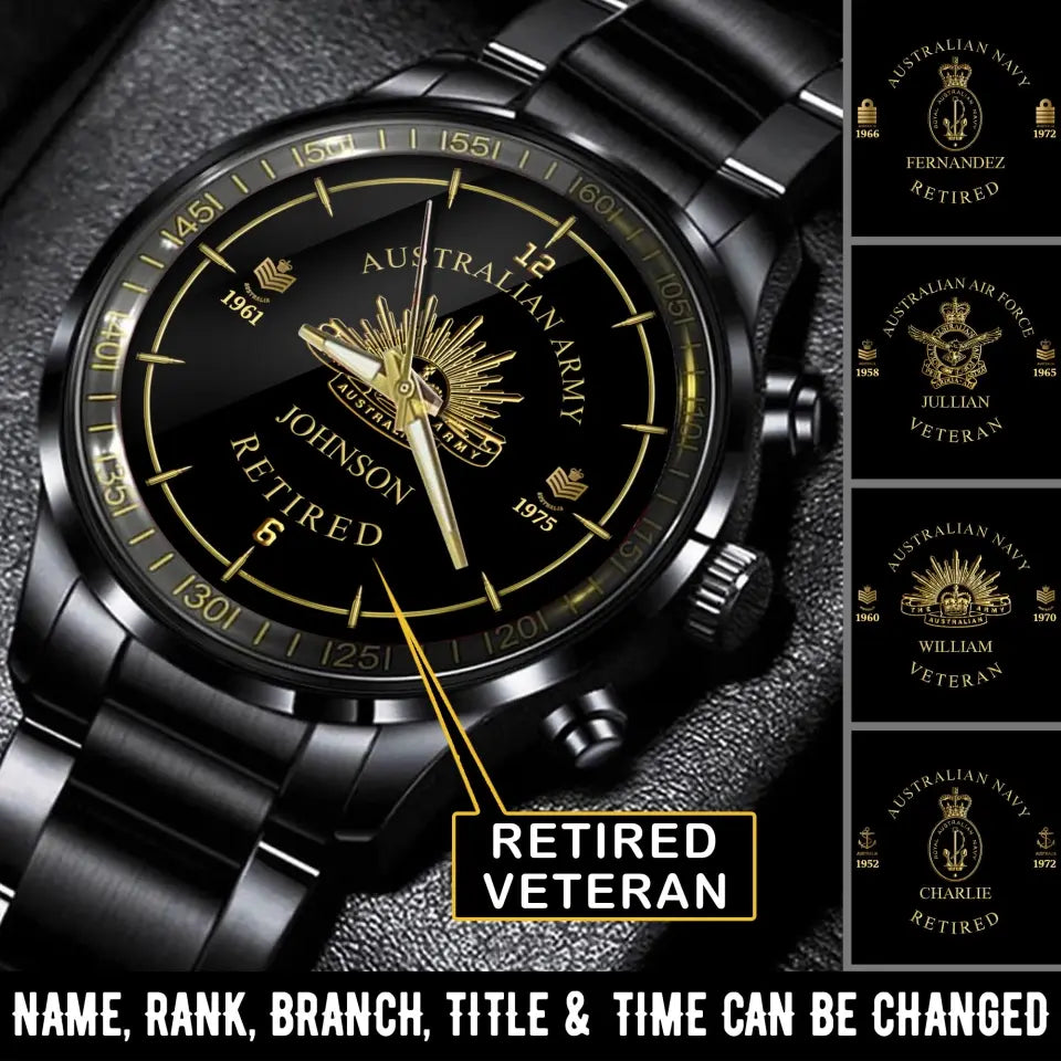 Personalized Retired Australian Army Logo Rank Camo Custom Name Watch Printed AHVA24667