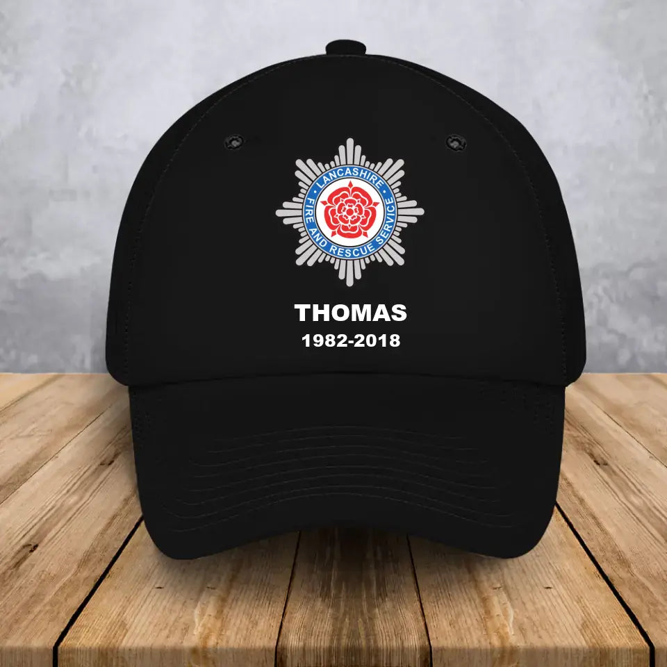 Personalized UK Firefighter Logo Custom Name & Time Black Cap Printed LVA24691