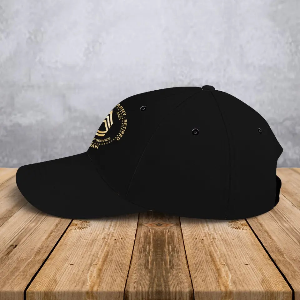 Personalized US Army Retired Custom Rank Served Time & Name Black Cap Printed AHVA24763