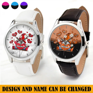 Personalized Gnome Grandma Hearts With Kid Names Women Watch Leather Band Printed HN24800