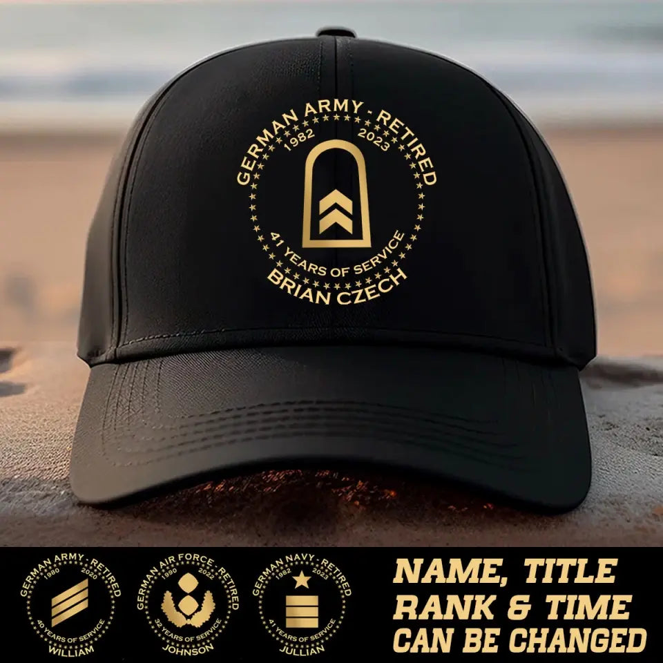 Personalized German Veteran Retired Custom Rank & Name Served Time Black Cap Printed AHVA24833