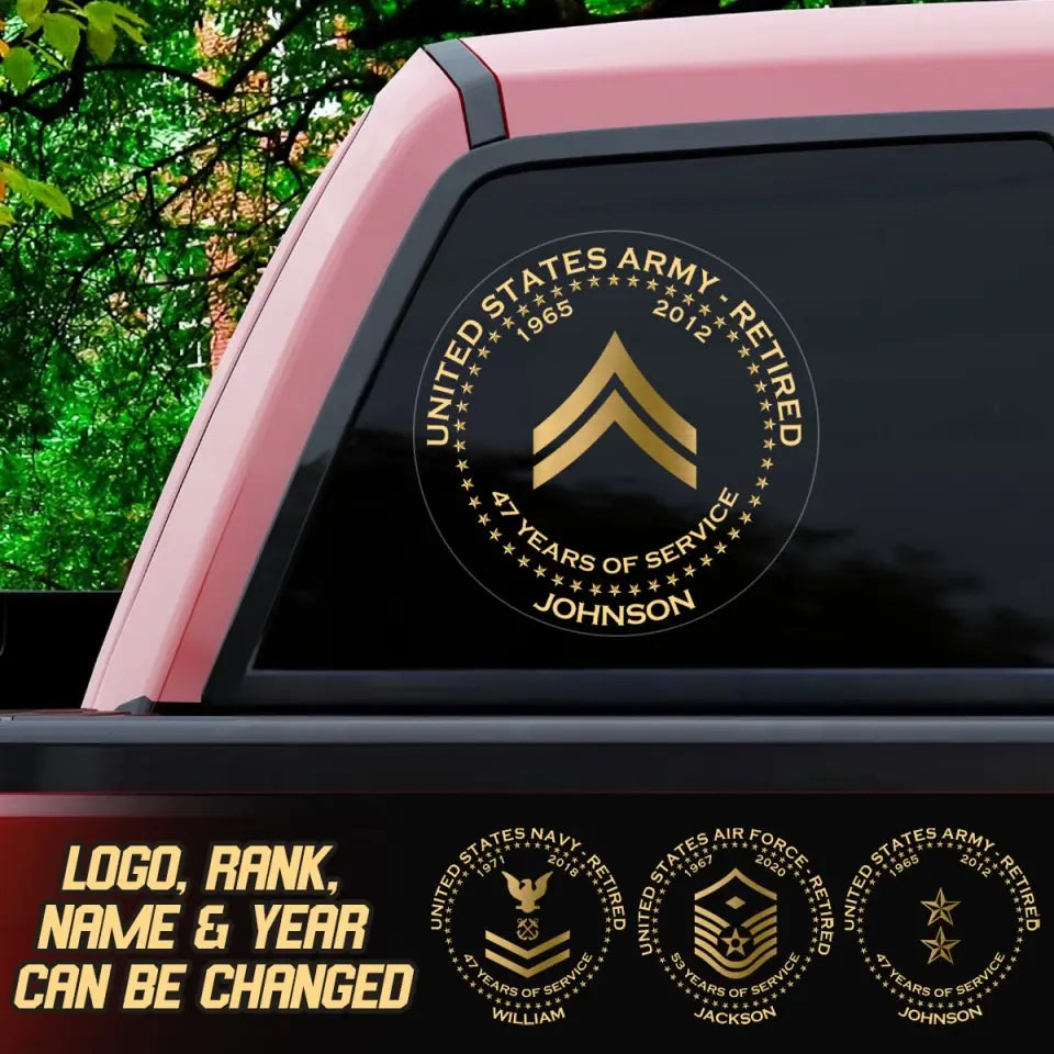 Personalized US Army Retired Rank Camo Custom Name & Time Decal Printed AHVQ24835