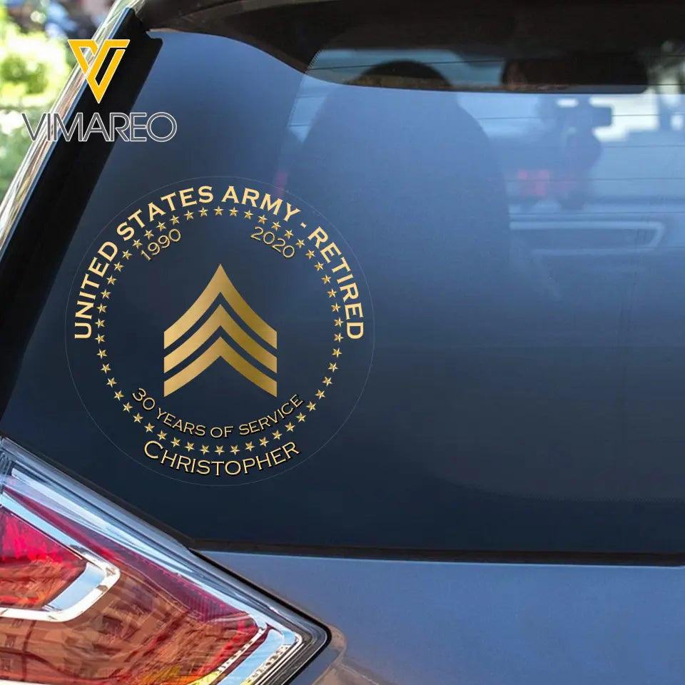 Personalized US Army Retired Rank Camo Custom Name & Time Decal Printed AHVQ24835
