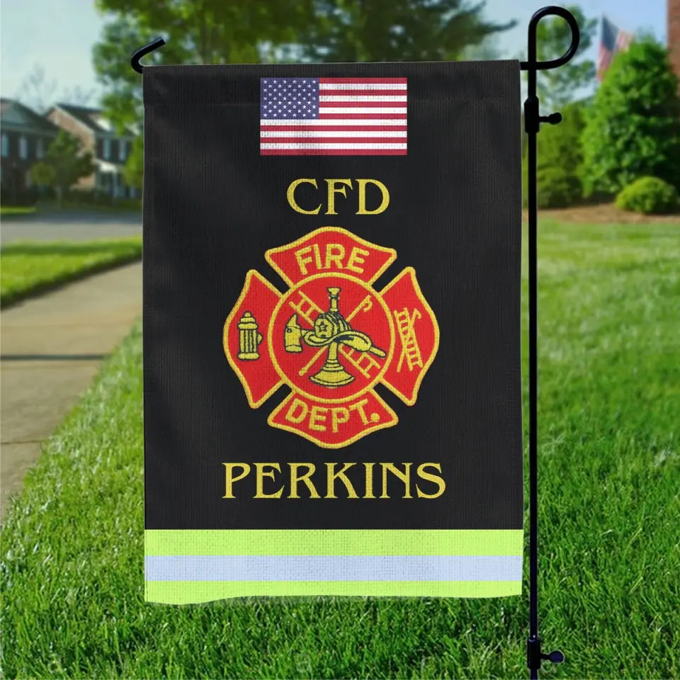 Personalized US Flag Firefighter Department & Custom Name Garden Flag Printed QTKH24856