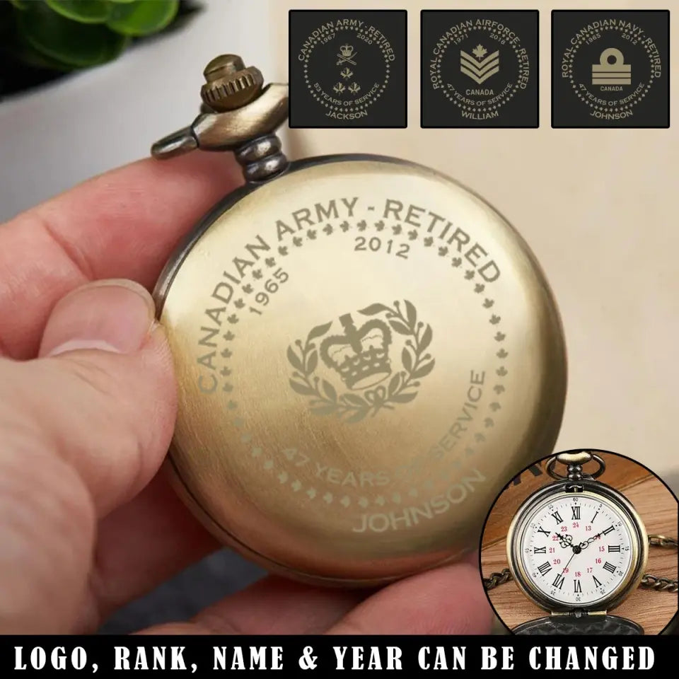Personalized Canadian Army Retired Custom Rank Camo & Served Time Pocket Watch Printed AHVQ24808