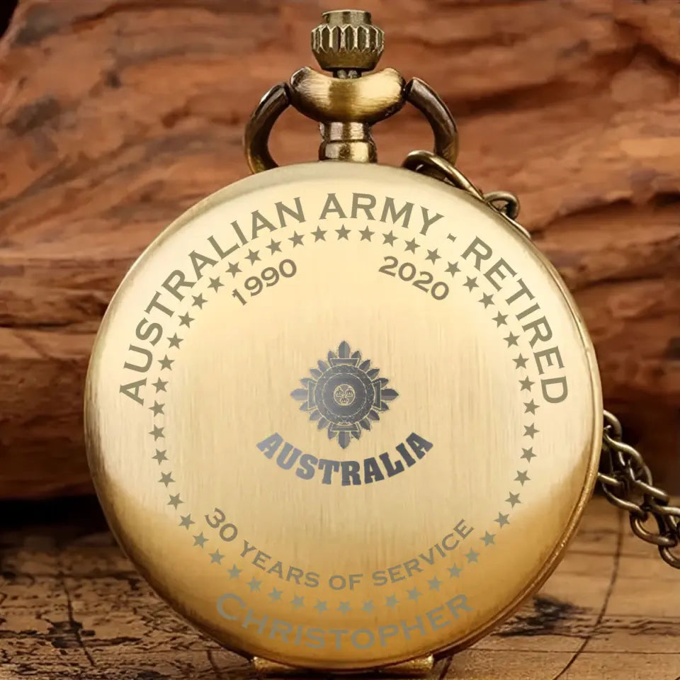 Personalized Australian Army Retired Custom Rank Camo & Served Time Pocket Watch Printed AHVQ24808