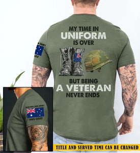 Personalized My Time In Uniform Is Over But Being A Veteran Never Ends Australian Veteran T-shirt Printed KH24868