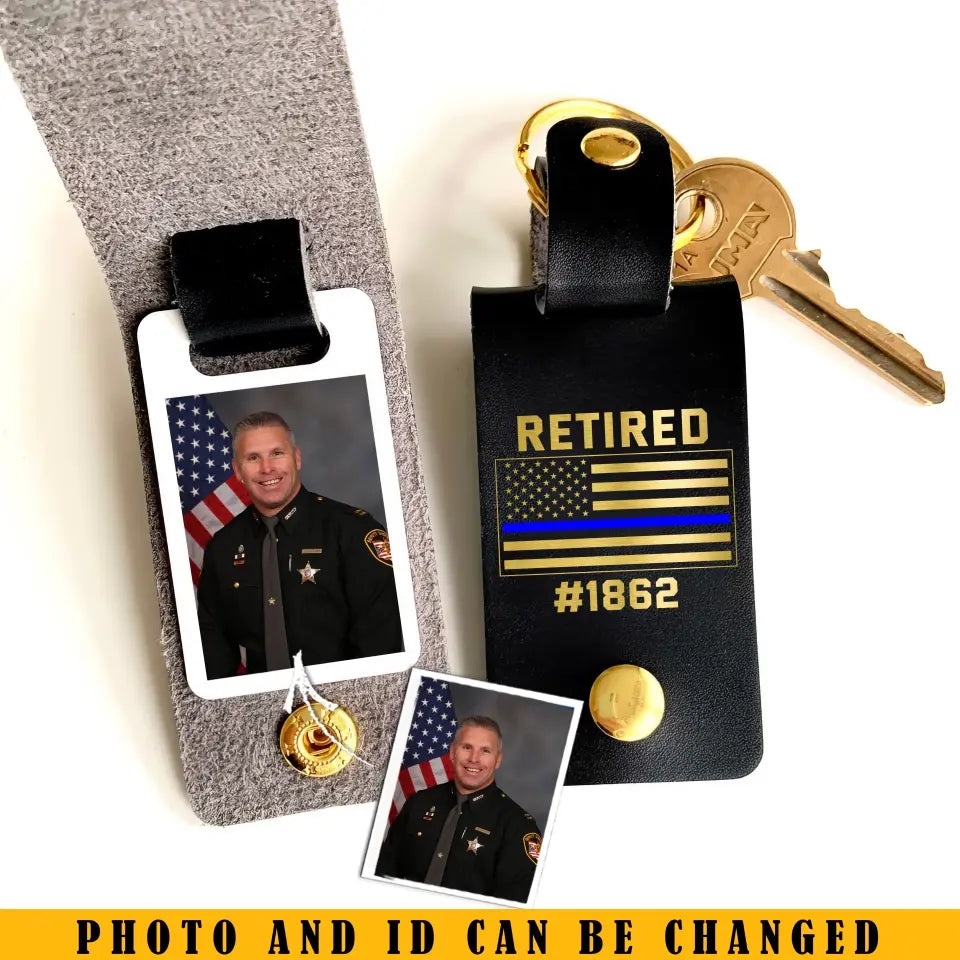 Personalized Upload Your Photo Retired US Police Custom ID Leather Keychain Printed KVH24950