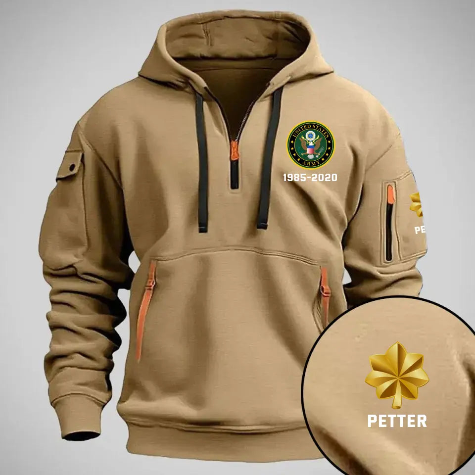 Personalized US Army Logo Custom Rank & Time Quarter Zip Hoodie 2D Printed QTKH24991