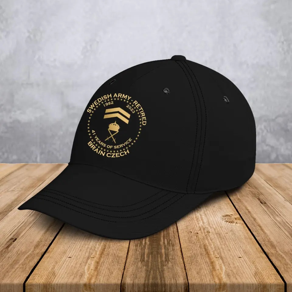Personalized Retired Swedish Army Custom Gold Rank & Service Time Black Cap Printed AHVA241005