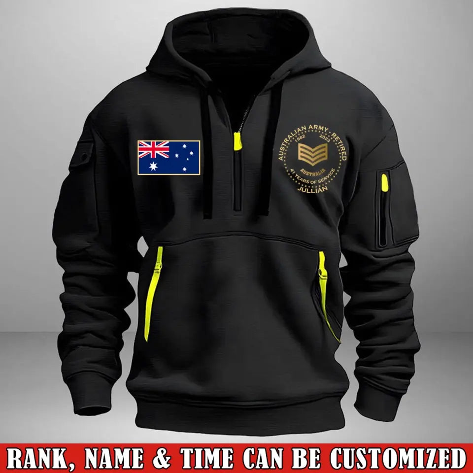 Personalized Australian Army Retired Rank Gold Custom Name & Service Time Quarter Zip Hoodie 2D Printed AHVA241028