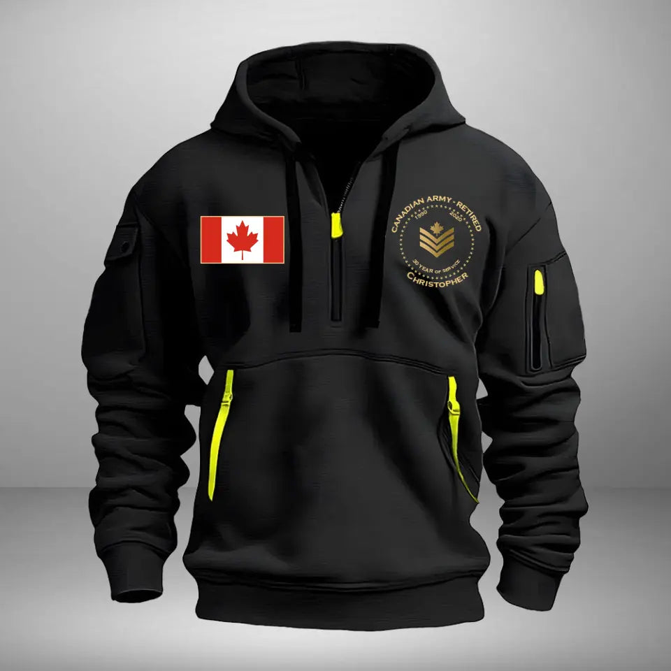 Personalized Canadian Army Retired Rank Gold Custom Name & Service Time Quarter Zip Hoodie 2D Printed AHVA241028