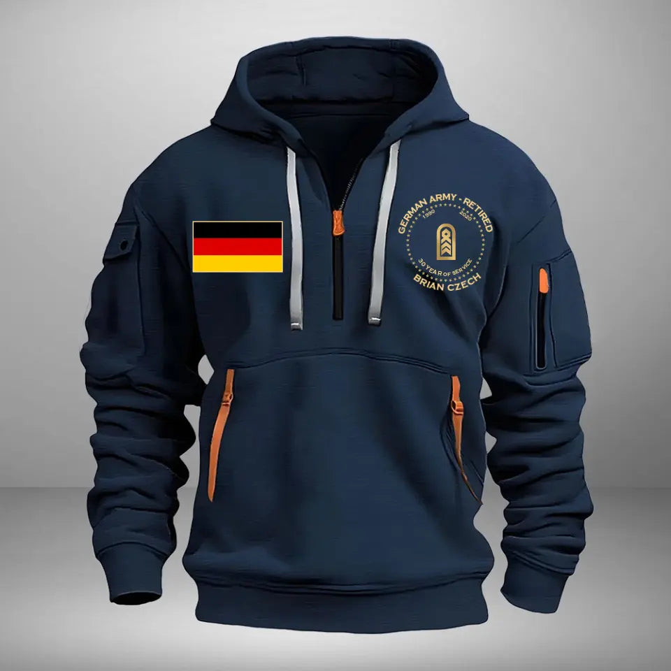 Personalized German Army Retired Rank Gold Custom Name & Service Time Quarter Zip Hoodie 2D Printed AHVA241028