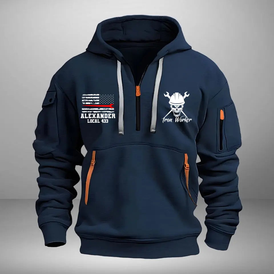 Personalized Iron Worker US Flag Custom Name Quarter Zip Hoodie 2D Printed QTKVH241036