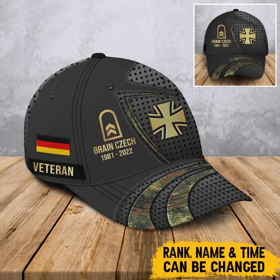 Personalized German Veteran Army Logo Rank Gold Custom Name & Time Cap 3D Printed AHVA241112