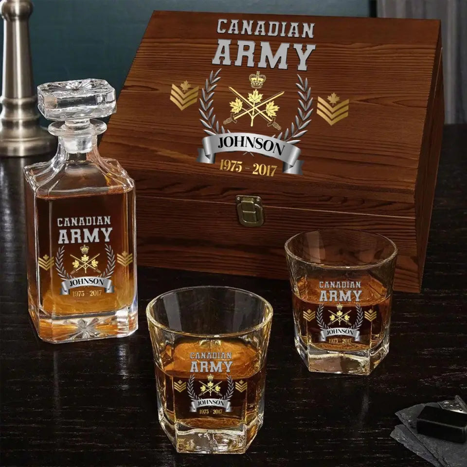 Personalized Canadian Army Rank Gold Custom Name & Time Decanter Set with Glasses Printed AHVQ241109