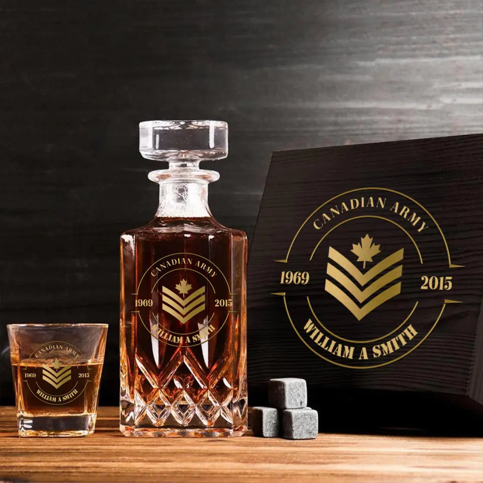 Personalized Canadian Army Logo Rank Gold Custom Time Decanter Set with Glasses Printed AHVQ241135
