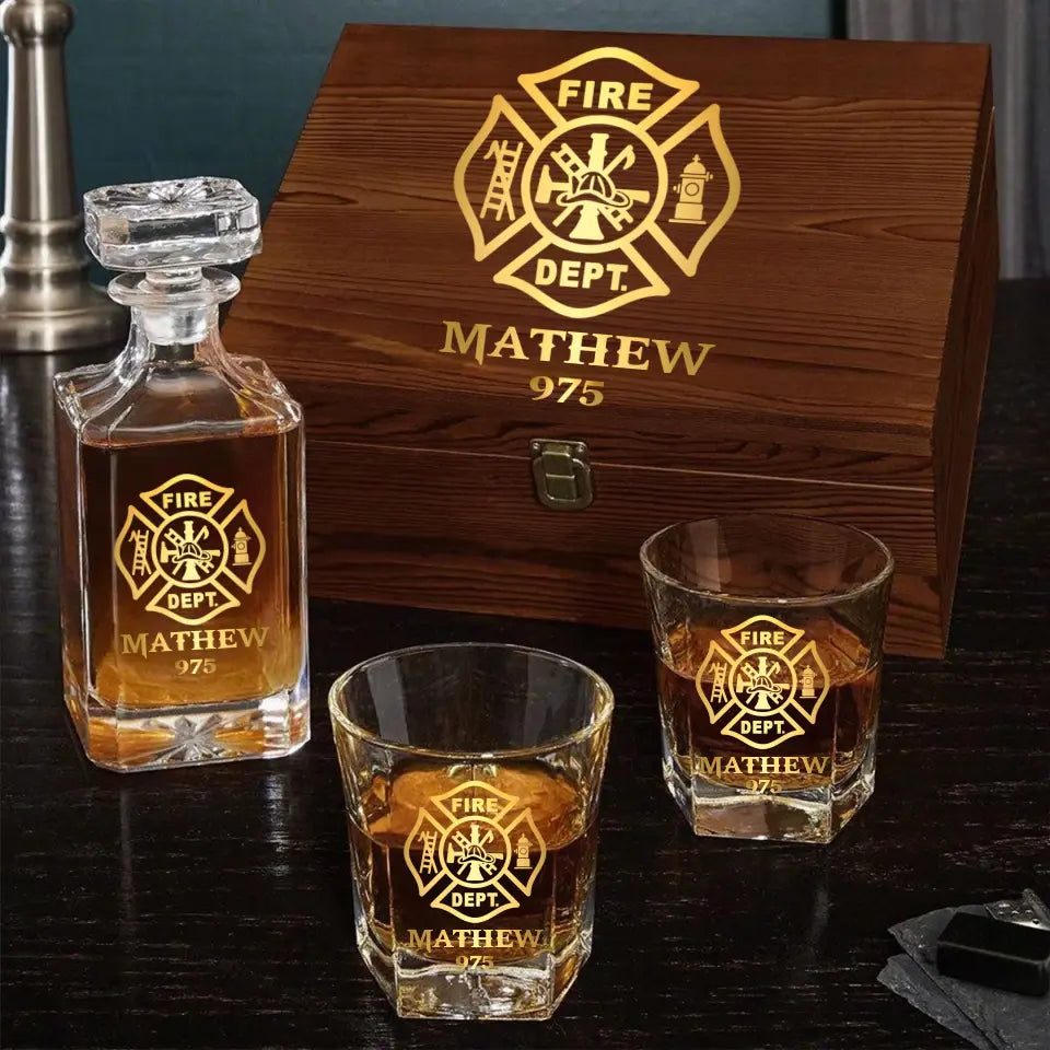 Personalized US Firefighter Custom Name & ID Decanter Set with Glasses Printed QTVQ241119