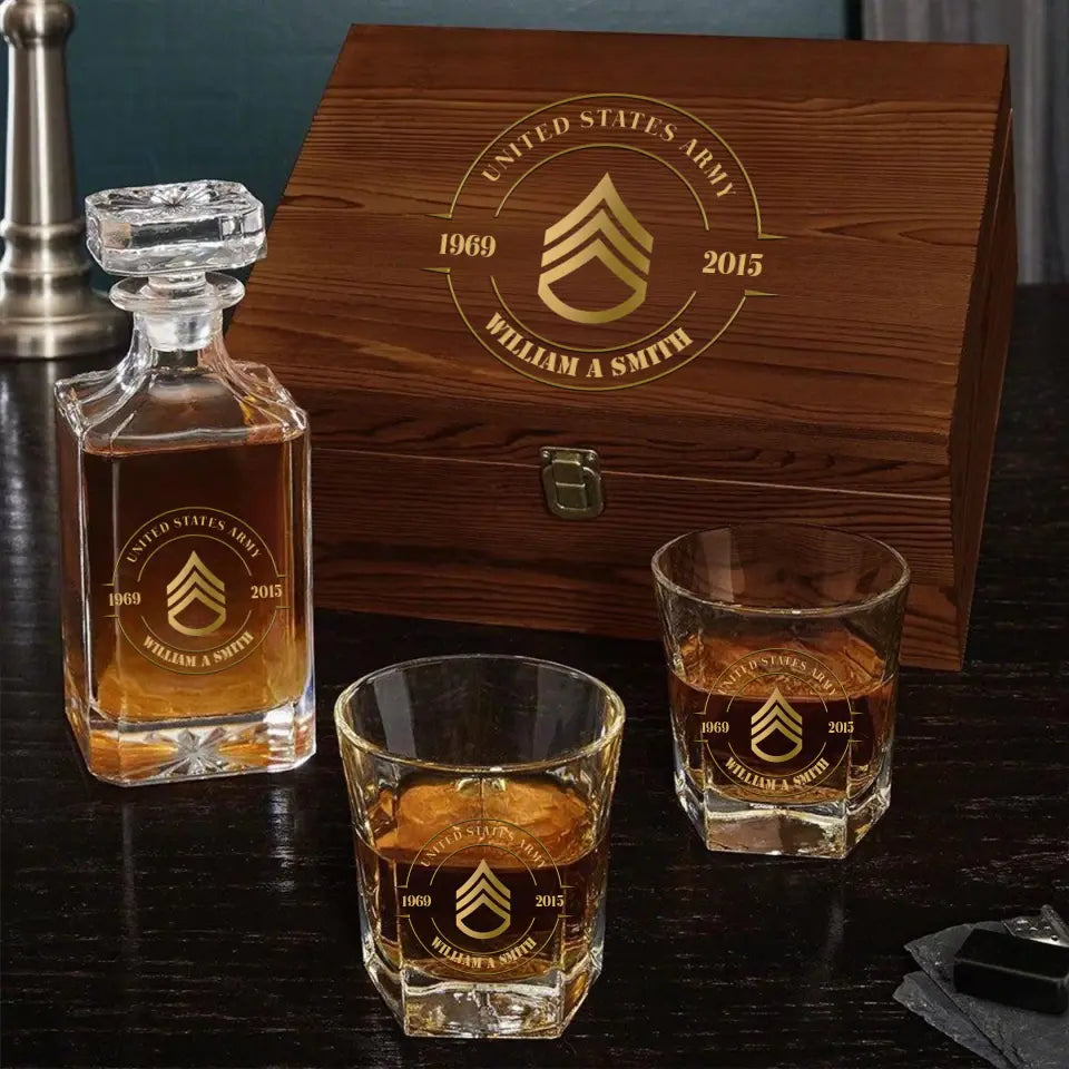 Personalized US Army Logo Rank Gold Custom Time Decanter Set with Glasses Printed AHVQ241135