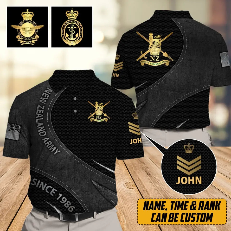 Personalized New Zealand Veteran Branch Logo Custom Rank Gold, Name & Time Polo Shirt Printed AHVA241142