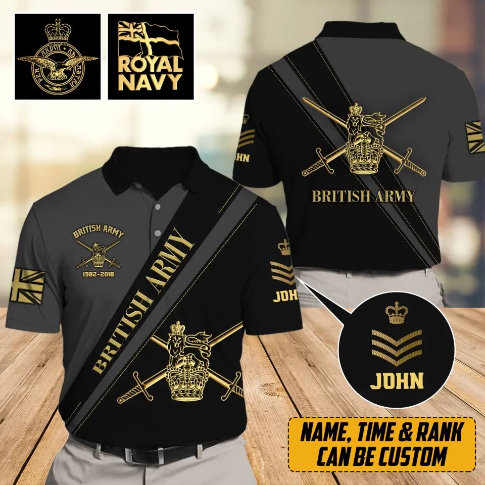 Personalized UK Army Logo Rank Gold Custom Name & Time Polo Shirt Printed AHVA241150