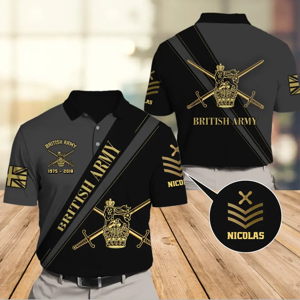 Personalized UK Army Logo Rank Gold Custom Name & Time Polo Shirt Printed AHVA241150