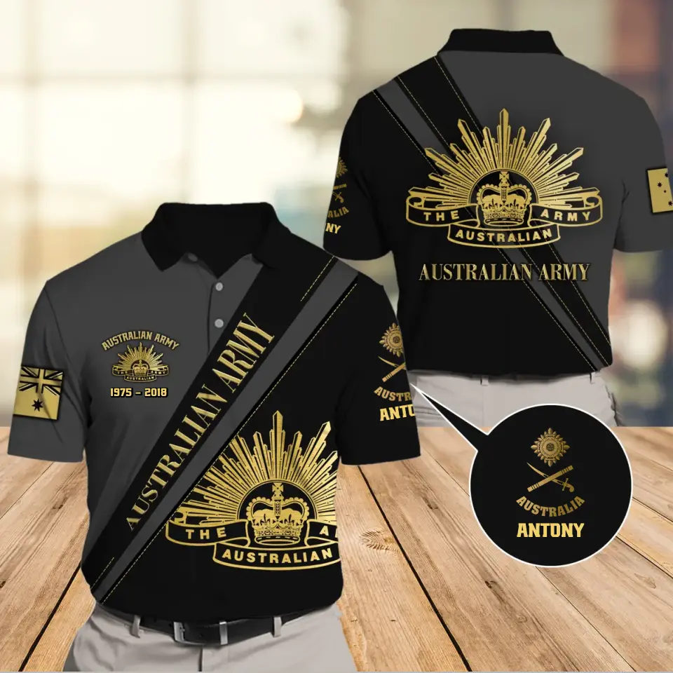Personalized Australian Army Logo Rank Gold Custom Name & Time Polo Shirt Printed AHVA241150