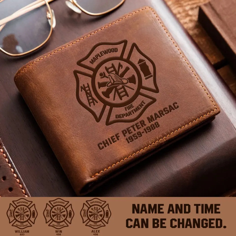 Personalized Firefighter Logo Custom Name & Department Laser Leather Wallet QTHN241165