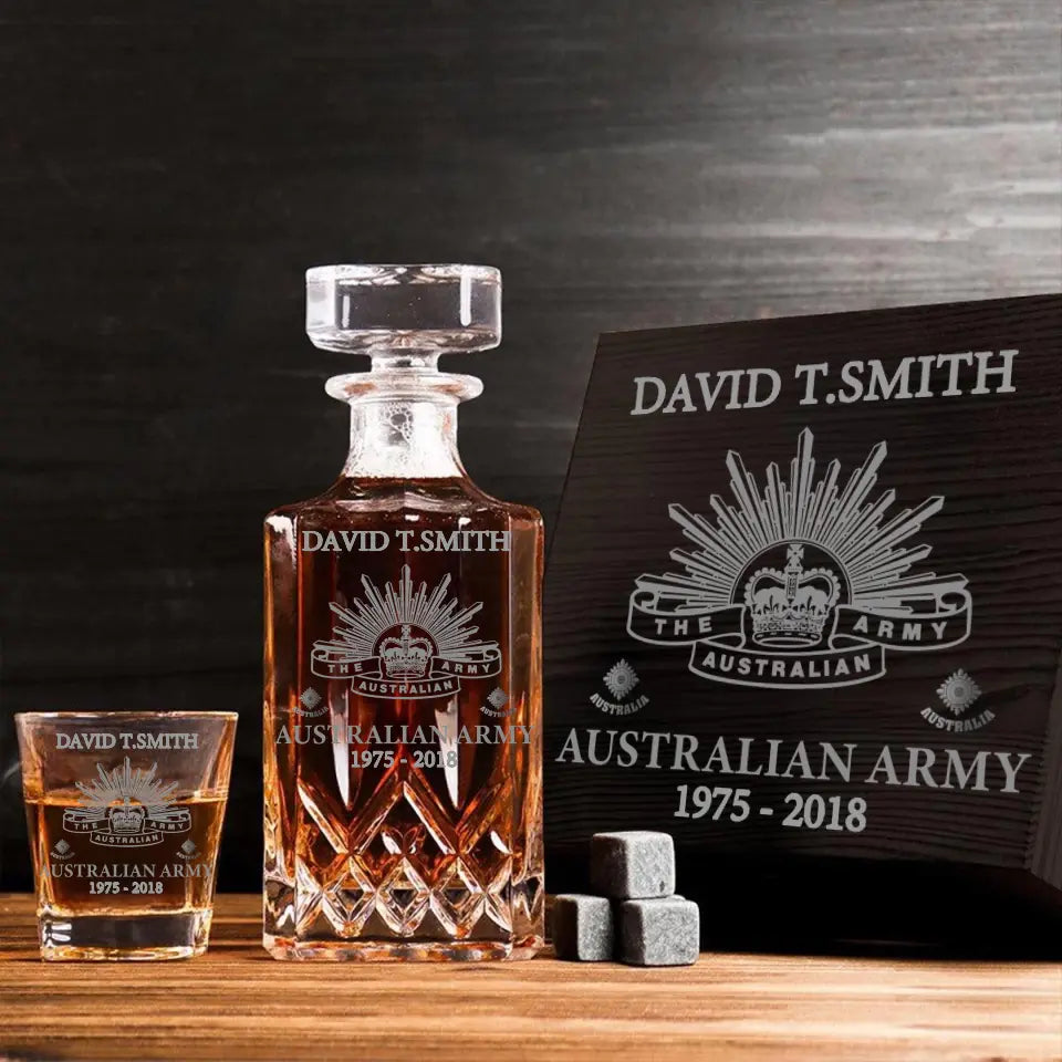 Personalized Australian Army Logo Custom Rank, Name & Service Time Decanter Set with Glasses Printed KVH241168