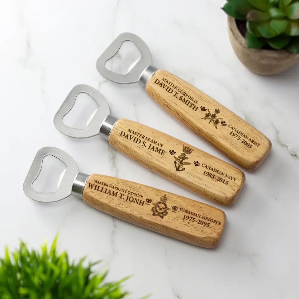 Personalized Canadian Army Veteran Custom Rank, Name & Time Wooden Bottle Opener Printed KVH1164