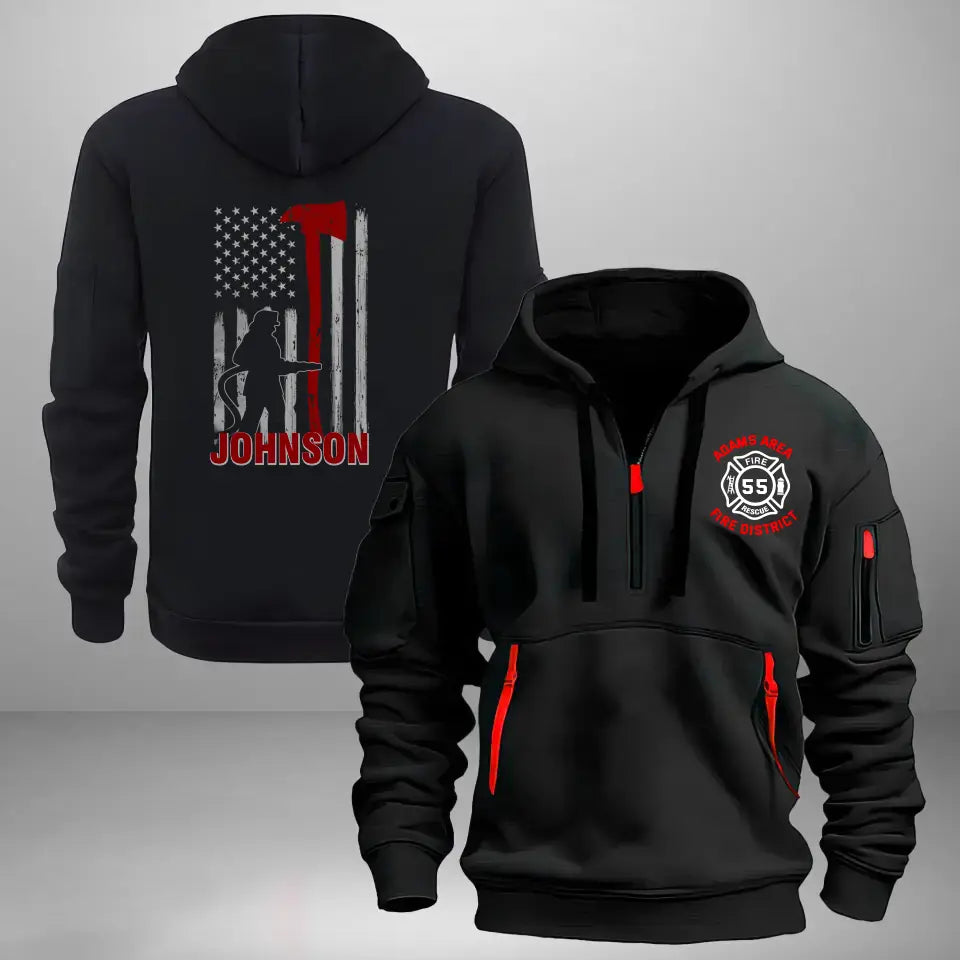 Personalized US Firefighter Flag Custom Name, Department & ID Quarter Zip Hoodie 2D Printed VQ241227