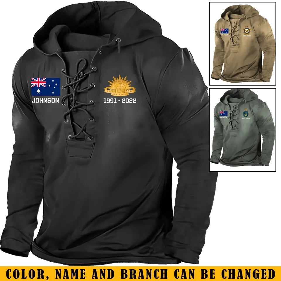 Personalized Australian Veteran Logo Custom Name & Time Lace-up Long Sleeves Hoodie 3D Printed LVA241256