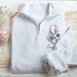 Personalized Floral Stethoscope Nurse Name Gift For Nurse Stand Collar Zipper Sweatshirt 2D Printed LVA241268