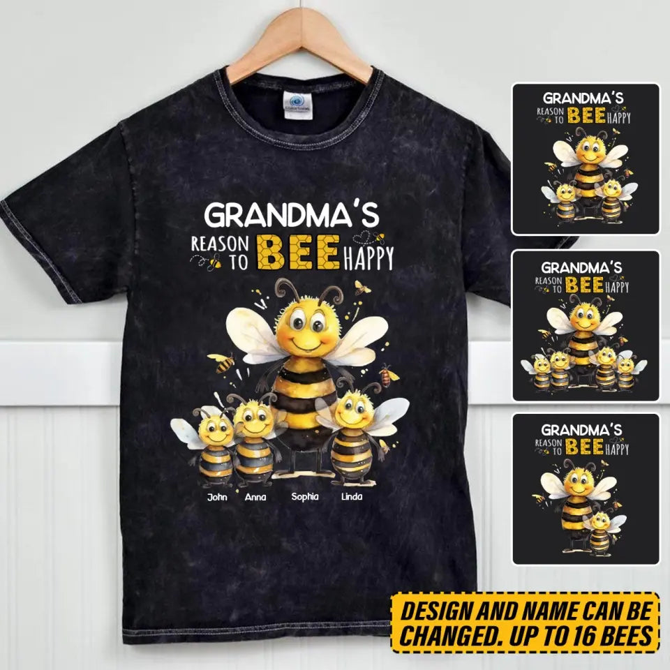 Personalized Grandma's Reason To Bee Happy Bees with Kid Names Mineral Wash T-shirt Printed VQ241267