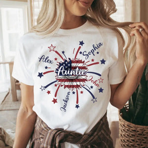 Personalized Auntie Sunflower US Flag & Kid Names Independence Day T-shirt Printed HN241346