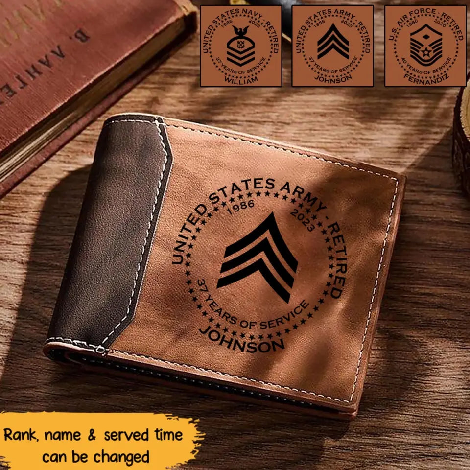 Personalized US Army Retired Custom Rank & Name, Service Time Laser Engraved Wallet Printed AHVA241247