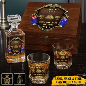 Personalized Australian Veteran Branch Logo Rank Gold Custom Name Decanter Set with Glasses printed AHVA241366