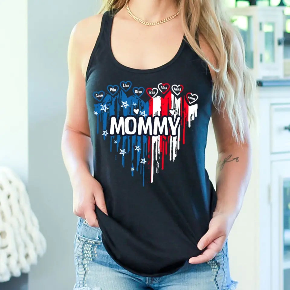 Personalized Aunt US Flag Heart & Kid Names  Independence Day 4th July Women's Ideal Racerback Tank Printed HN241393