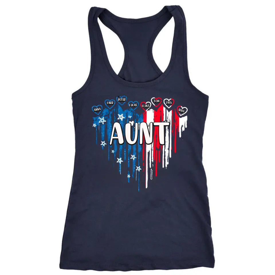 Personalized Aunt US Flag Heart & Kid Names  Independence Day 4th July Women's Ideal Racerback Tank Printed HN241393